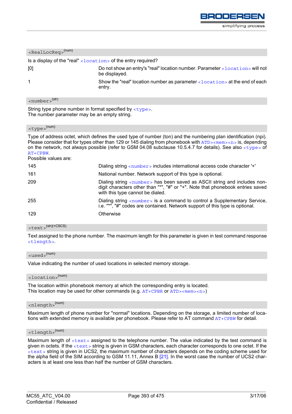 Reallocreq, Location, Used | Nlength, Tlength, Number, Type, Text | Siemens Brodersen MC55 AT User Manual | Page 393 / 475