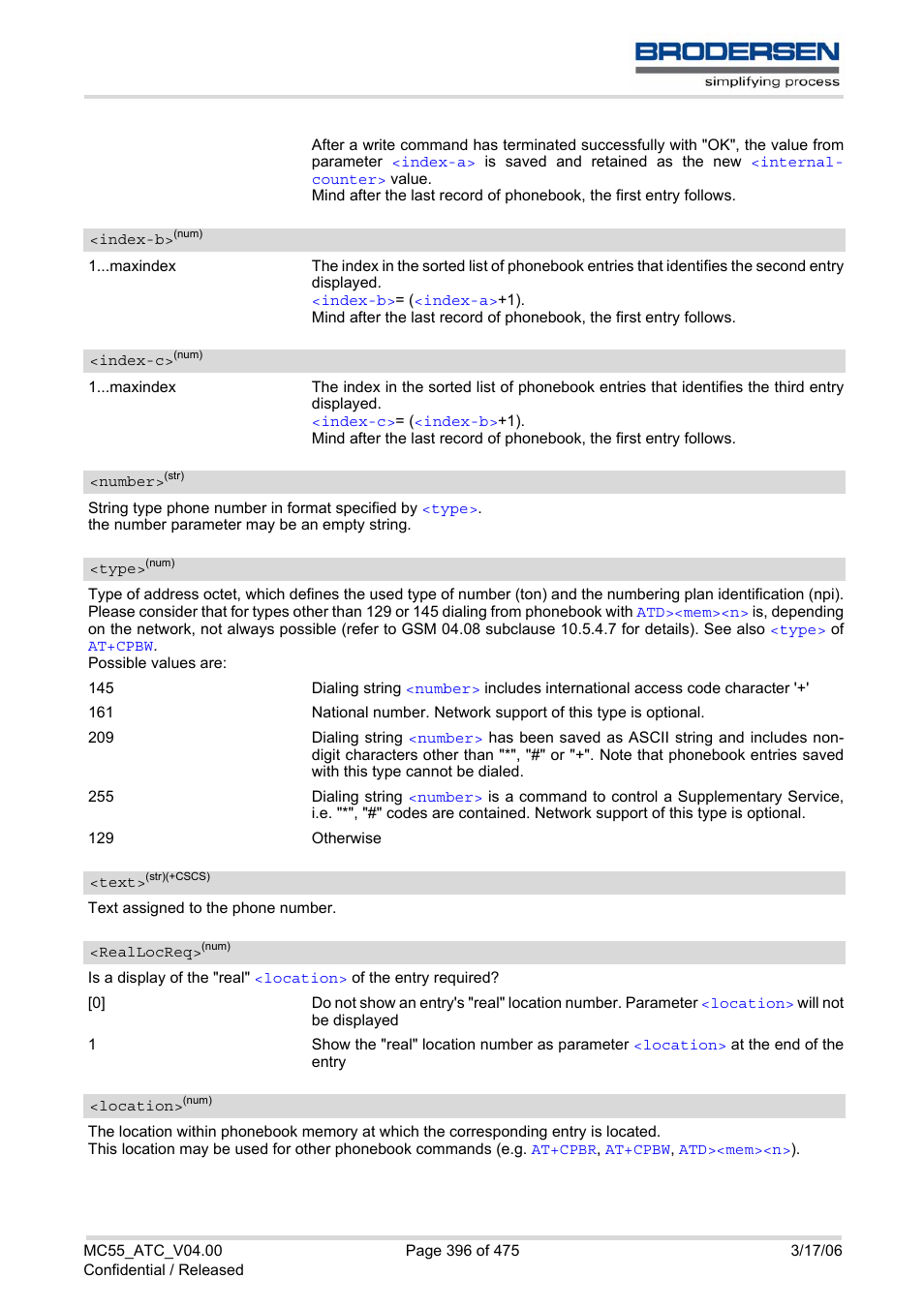 Reallocreq, Location, Number | Type, Text, Spbs, Index-b, Index-c | Siemens Brodersen MC55 AT User Manual | Page 396 / 475