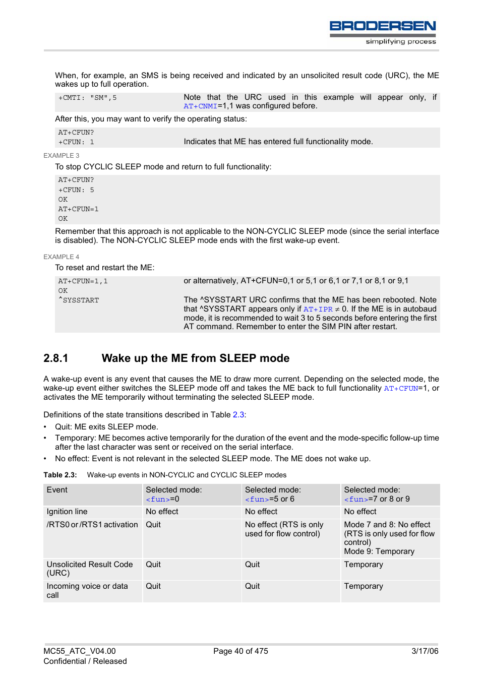 1 wake up the me from sleep mode, Wake up the me from sleep mode, Table 2.3 | Siemens Brodersen MC55 AT User Manual | Page 40 / 475