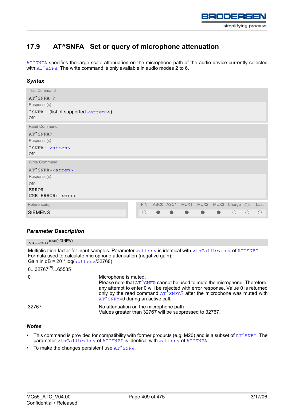 9 at^snfa set or query of microphone attenuation | Siemens Brodersen MC55 AT User Manual | Page 409 / 475