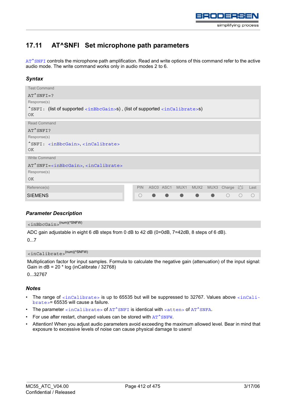 11 at^snfi set microphone path parameters, Incalibrate, Inbbcgain | At^snfi | Siemens Brodersen MC55 AT User Manual | Page 412 / 475
