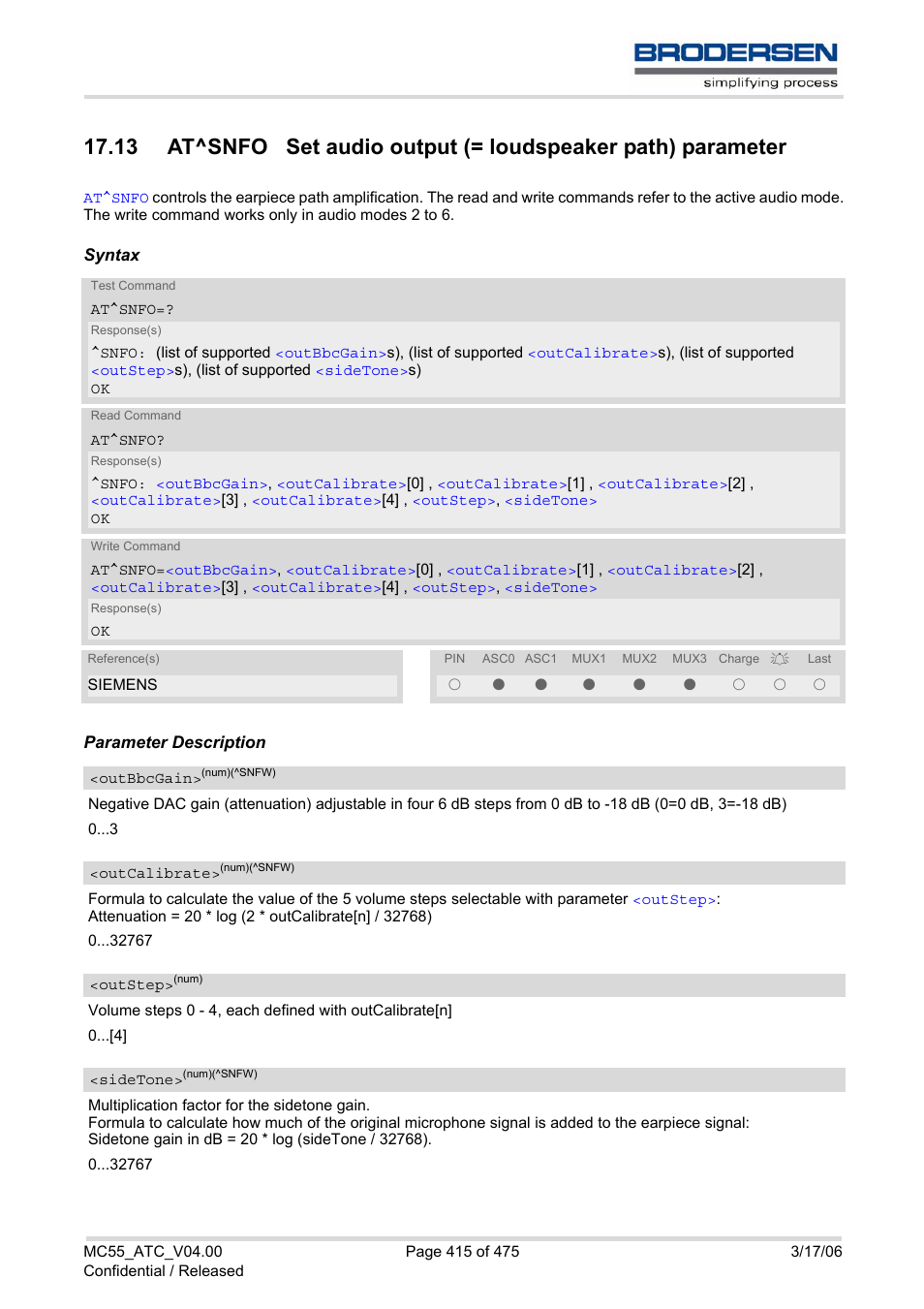 Outbbcgain, Outcalibrate, Sidetone | Outcali, Brate, At^snfo, Outstep | Siemens Brodersen MC55 AT User Manual | Page 415 / 475