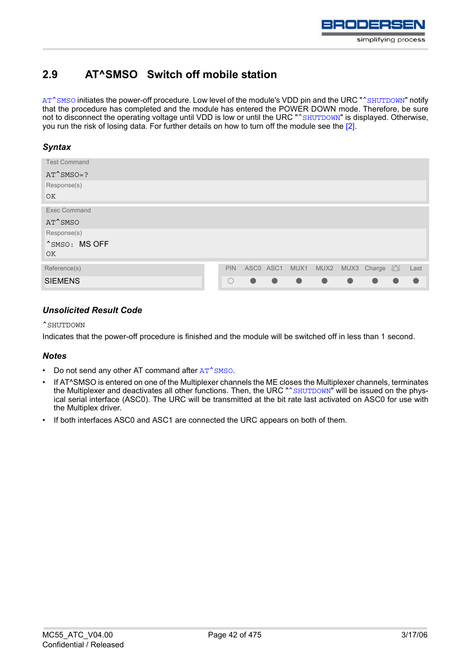 9 at^smso switch off mobile station, At^smso switch off mobile station, Shutdown | Sysstart <text | Siemens Brodersen MC55 AT User Manual | Page 42 / 475