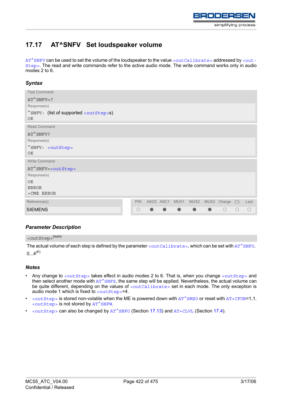 17 at^snfv set loudspeaker volume, At^snfv | Siemens Brodersen MC55 AT User Manual | Page 422 / 475