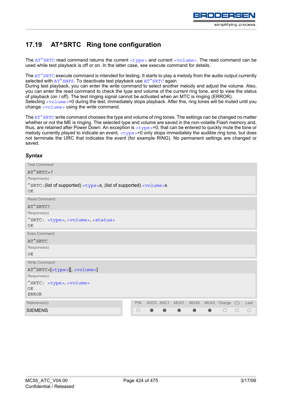 19 at^srtc ring tone configuration, At^srtc | Siemens Brodersen MC55 AT User Manual | Page 424 / 475