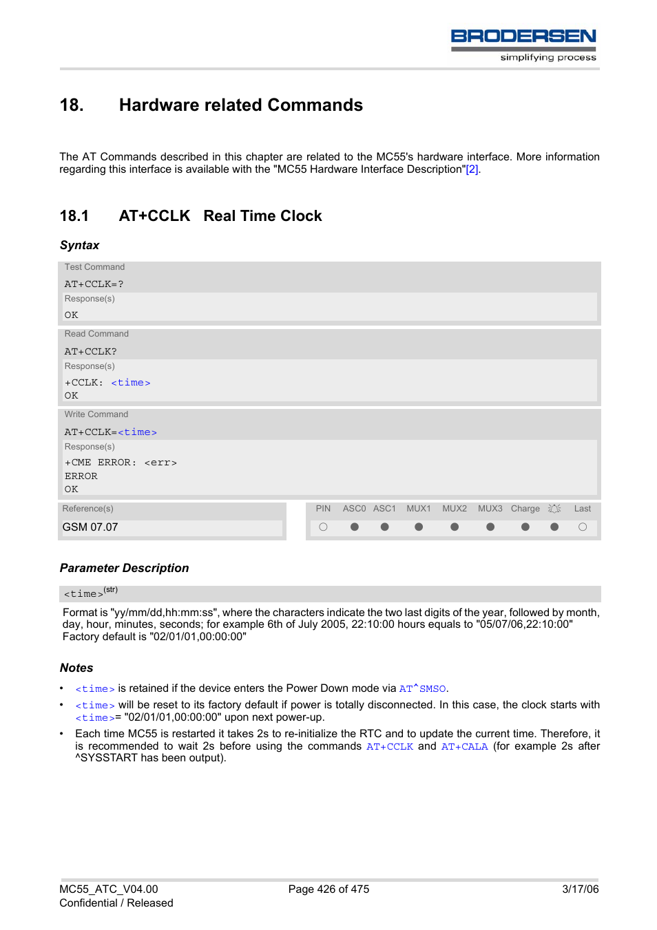 Hardware related commands, 1 at+cclk real time clock | Siemens Brodersen MC55 AT User Manual | Page 426 / 475