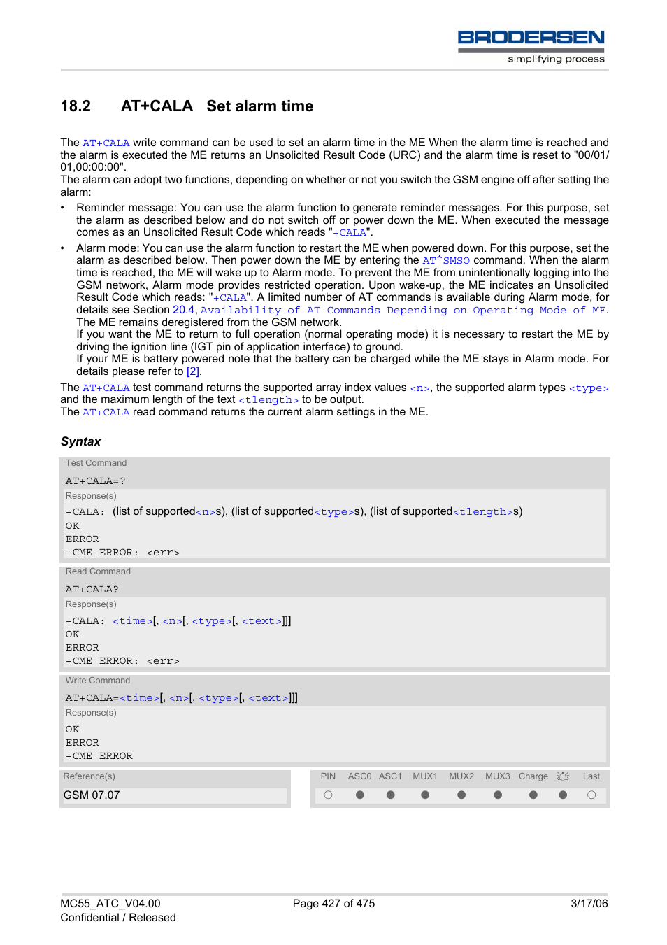 2 at+cala set alarm time, At+cala | Siemens Brodersen MC55 AT User Manual | Page 427 / 475