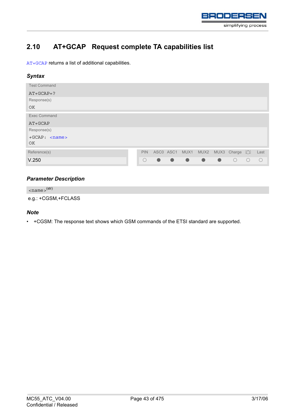 10 at+gcap request complete ta capabilities list | Siemens Brodersen MC55 AT User Manual | Page 43 / 475