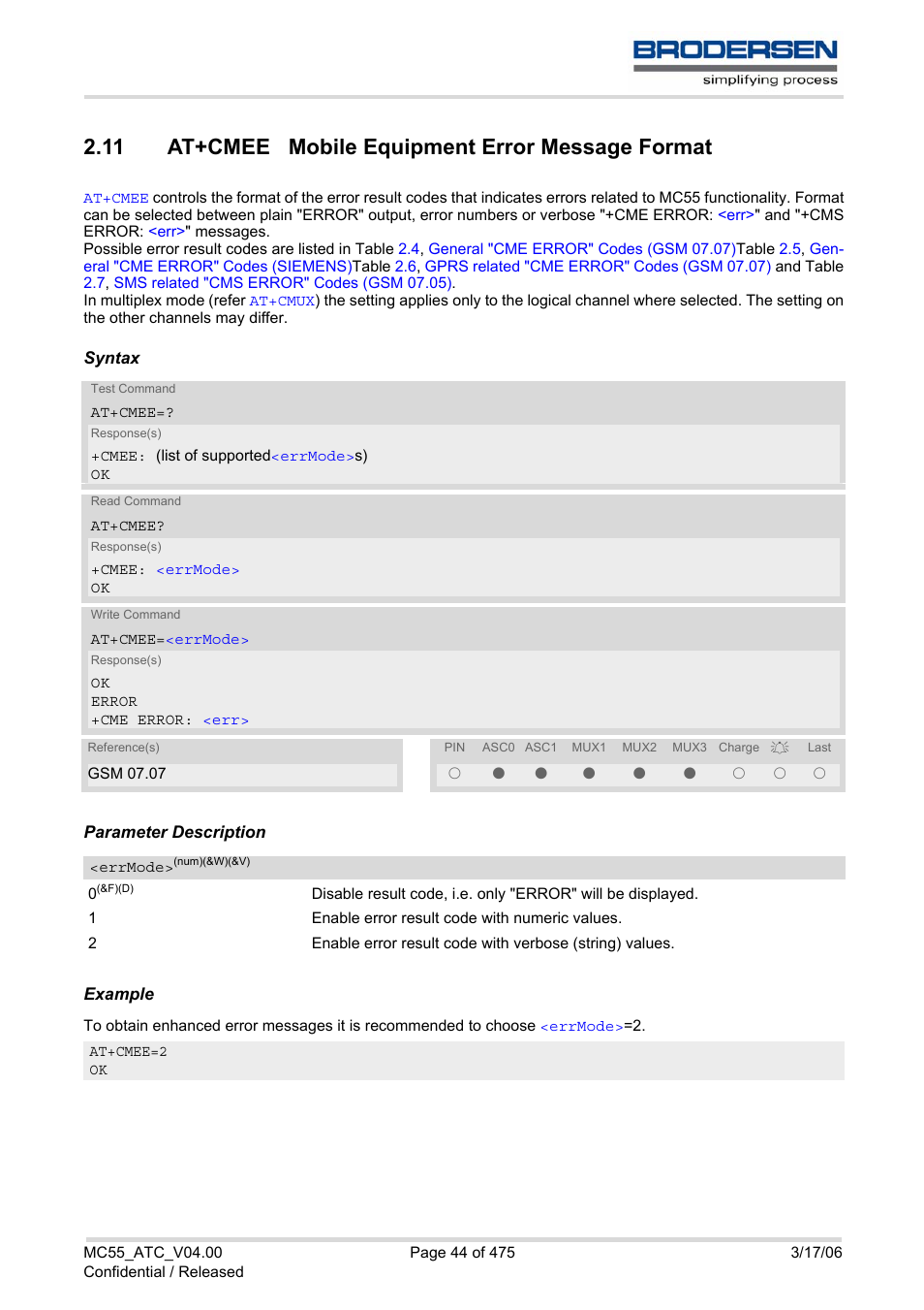 11 at+cmee mobile equipment error message format, At+cmee | Siemens Brodersen MC55 AT User Manual | Page 44 / 475