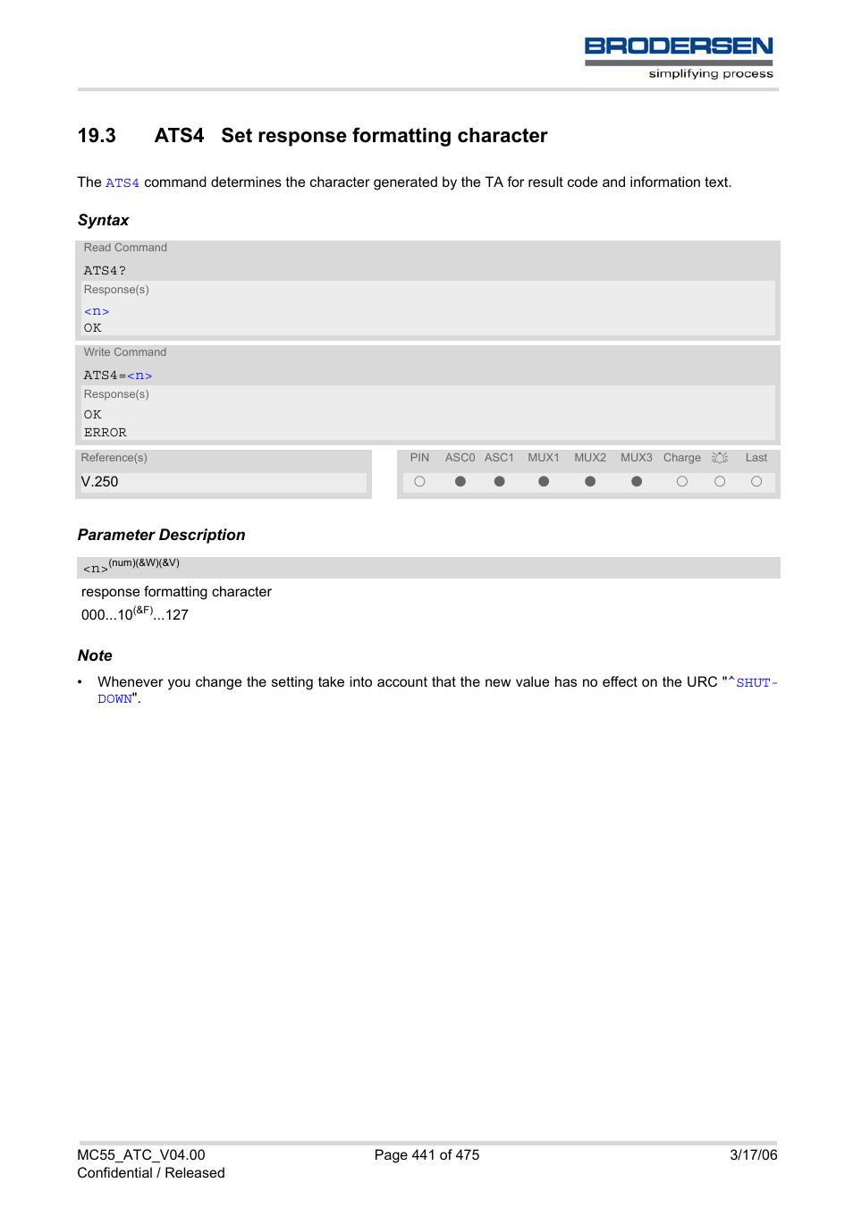 3 ats4 set response formatting character, Ats4 | Siemens Brodersen MC55 AT User Manual | Page 441 / 475