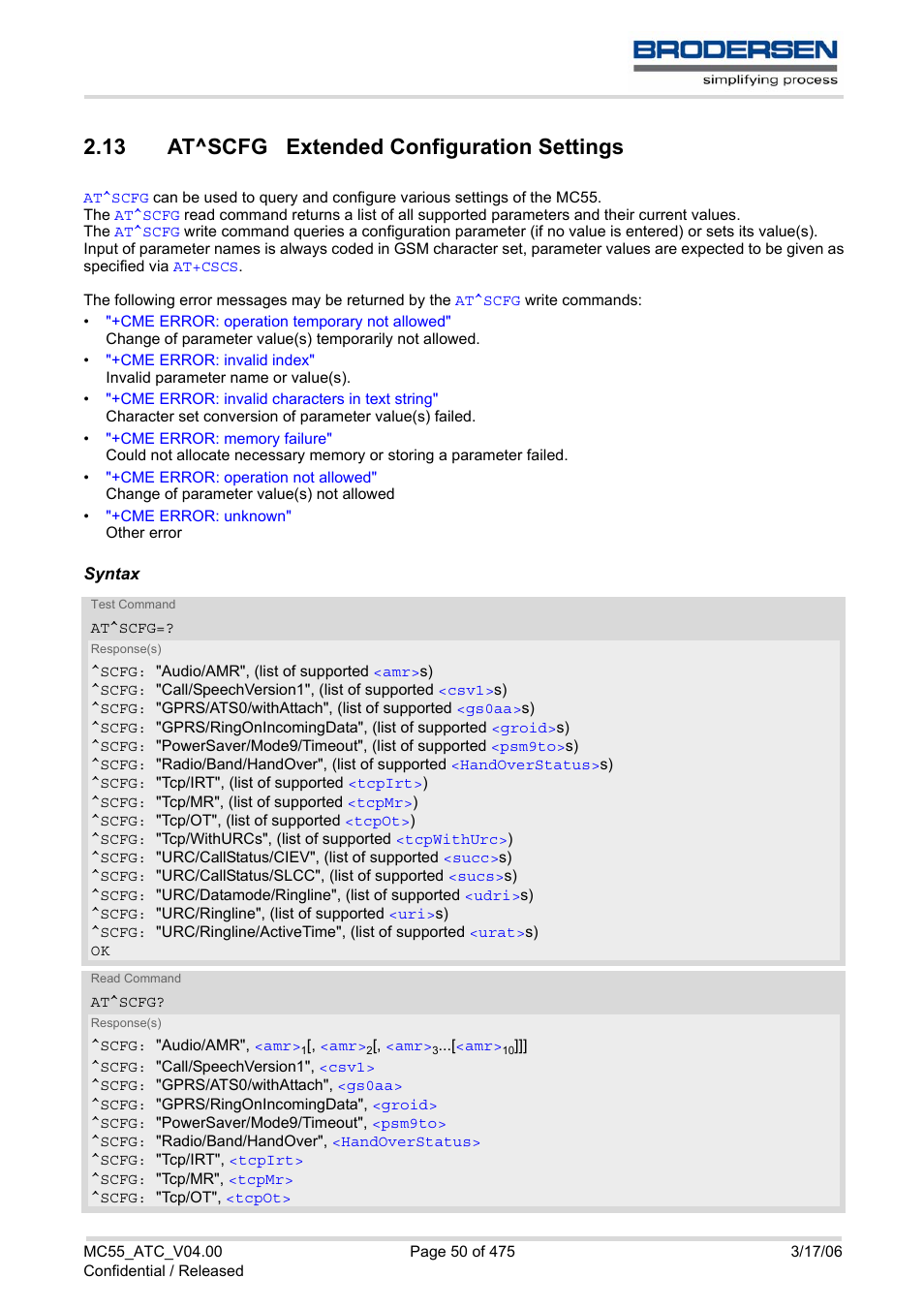 13 at^scfg extended configuration settings, At^scfg, Powe | Siemens Brodersen MC55 AT User Manual | Page 50 / 475