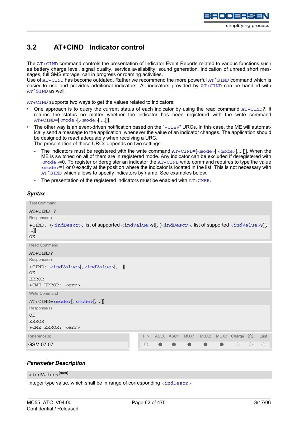 2 at+cind indicator control, At+cind indicator control, See also | At+cind | Siemens Brodersen MC55 AT User Manual | Page 62 / 475