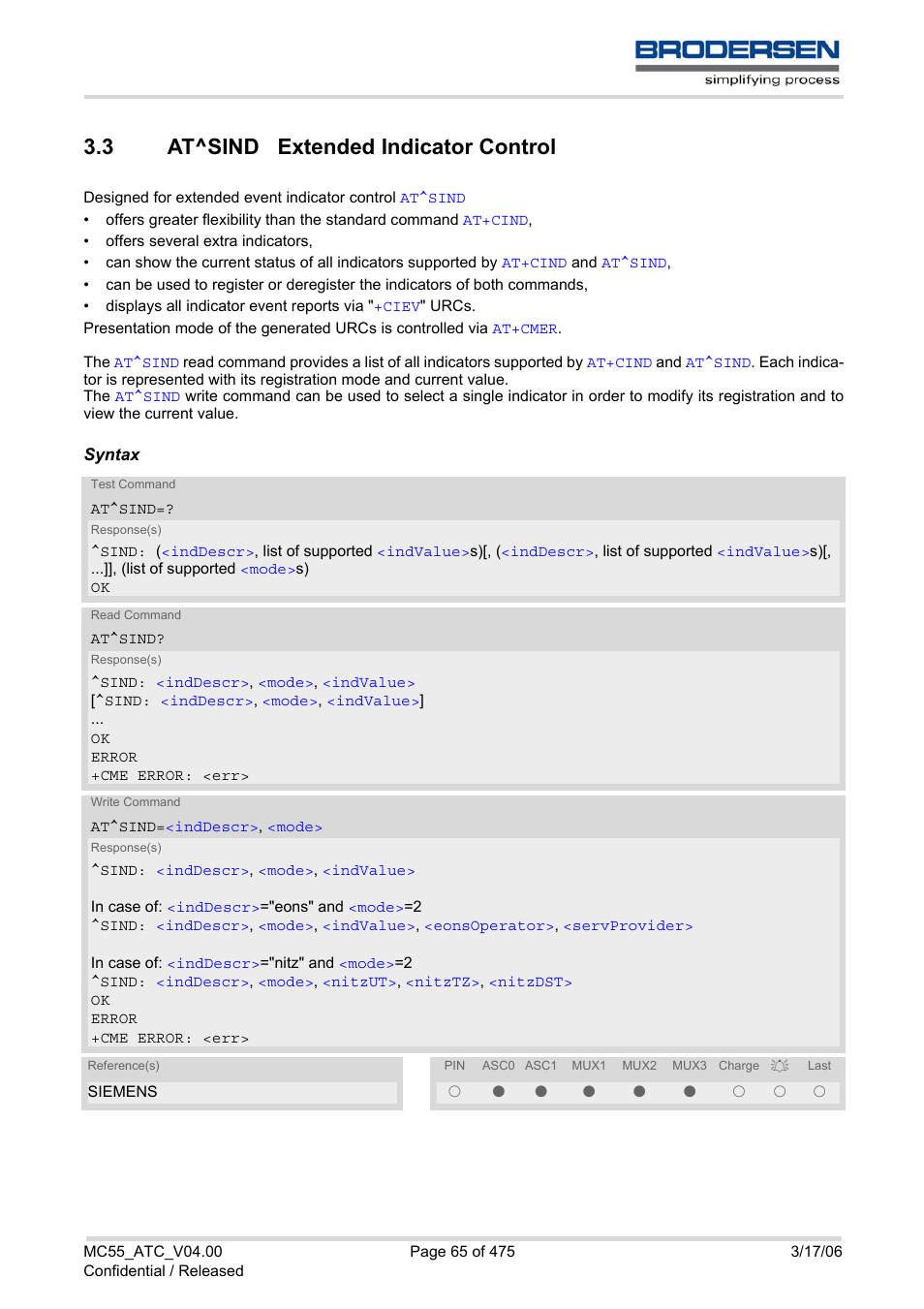 3 at^sind extended indicator control, At^sind extended indicator control, At^sind | Ble via | Siemens Brodersen MC55 AT User Manual | Page 65 / 475