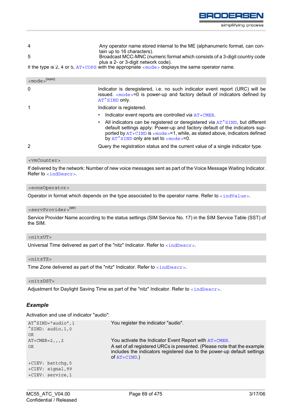 Mode, Eonsoperator, Servprovider | Nitzut, Nitztz, Nitzdst, Vmcounter, 2 display | Siemens Brodersen MC55 AT User Manual | Page 69 / 475