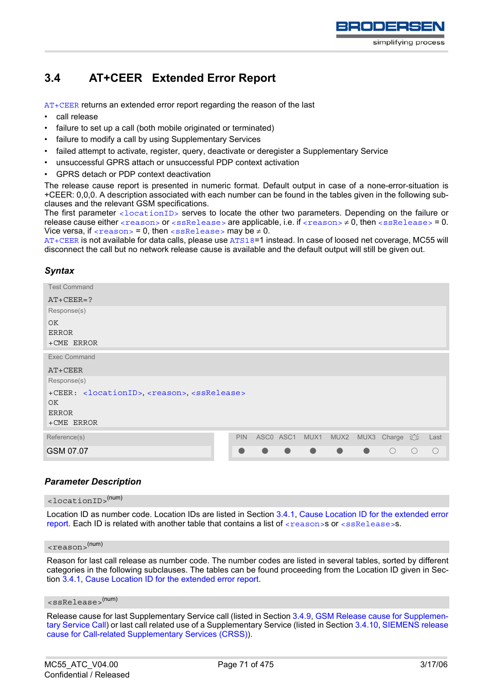 4 at+ceer extended error report, At+ceer extended error report, At+ceer | Siemens Brodersen MC55 AT User Manual | Page 71 / 475