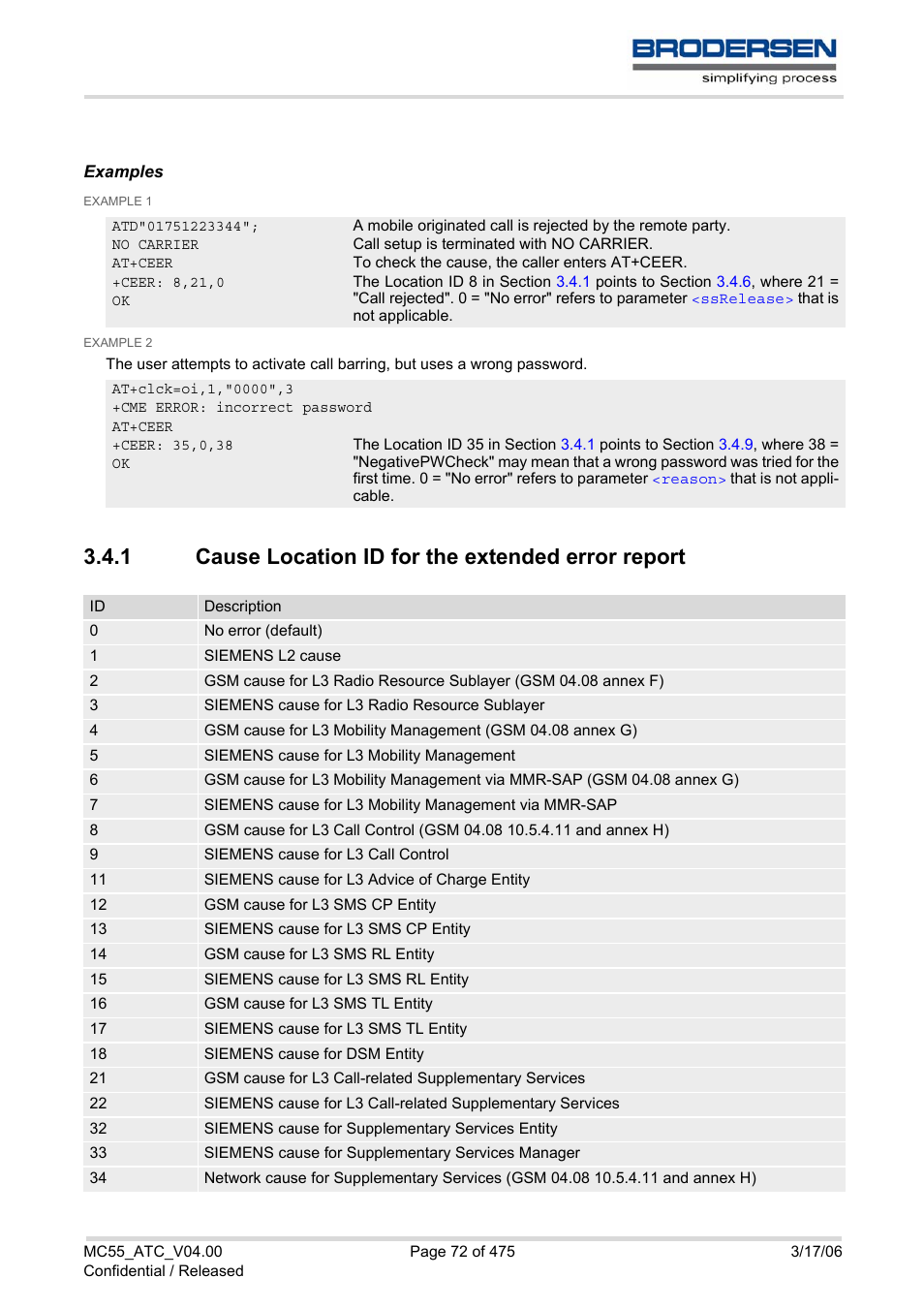 1 cause location id for the extended error report, Cause location id for the extended error report, Cause location id for the extended error | Report, Tion | Siemens Brodersen MC55 AT User Manual | Page 72 / 475