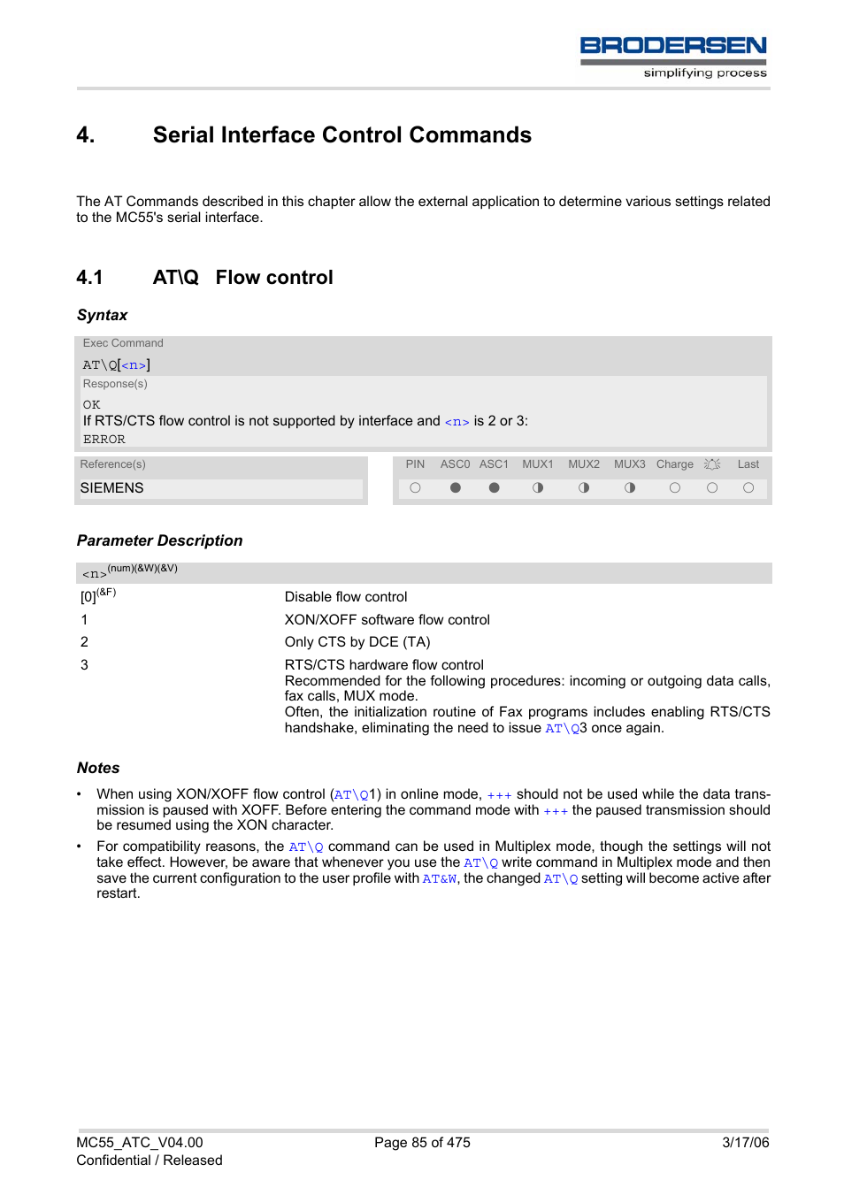 Serial interface control commands, 1 at\q flow control, Serial interface control commands 4.1 | At\q flow control, At\q, Ed to | Siemens Brodersen MC55 AT User Manual | Page 85 / 475