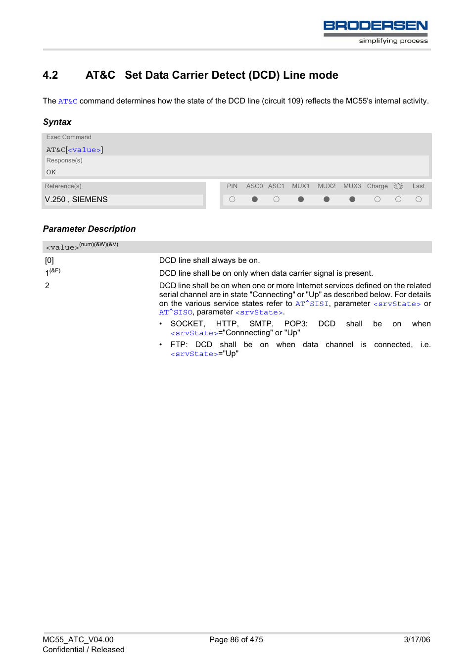 2 at&c set data carrier detect (dcd) line mode, At&c set data carrier detect (dcd) line mode | Siemens Brodersen MC55 AT User Manual | Page 86 / 475