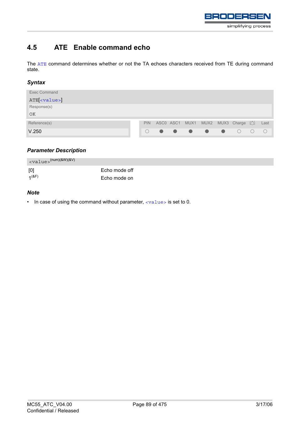 5 ate enable command echo, Ate enable command echo | Siemens Brodersen MC55 AT User Manual | Page 89 / 475