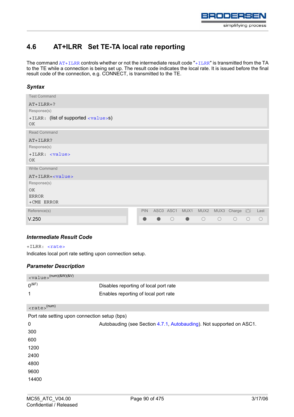 6 at+ilrr set te-ta local rate reporting, At+ilrr set te-ta local rate reporting | Siemens Brodersen MC55 AT User Manual | Page 90 / 475