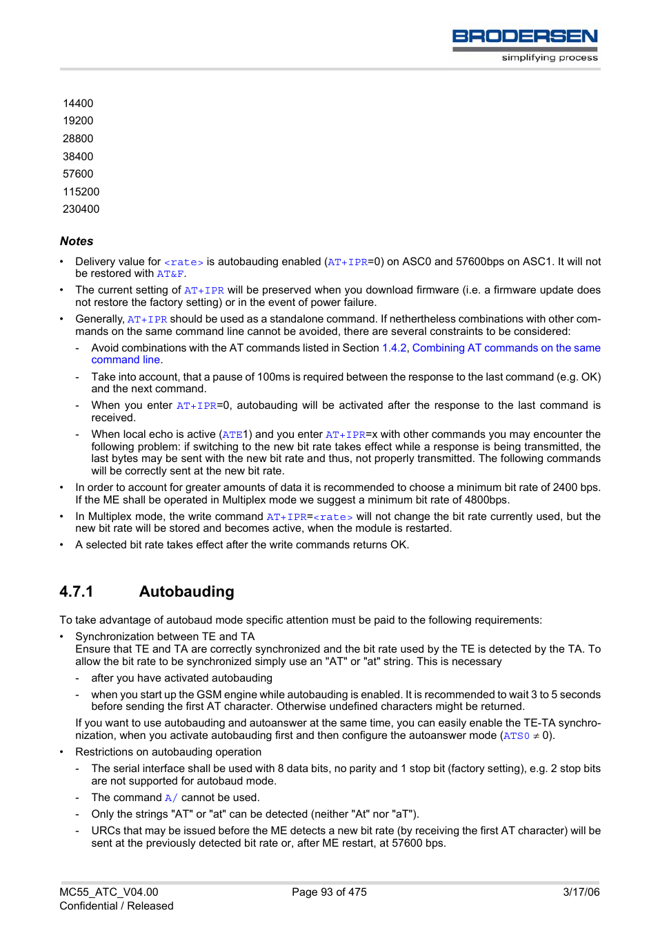 1 autobauding, Autobauding, E section | Autobaud | Siemens Brodersen MC55 AT User Manual | Page 93 / 475