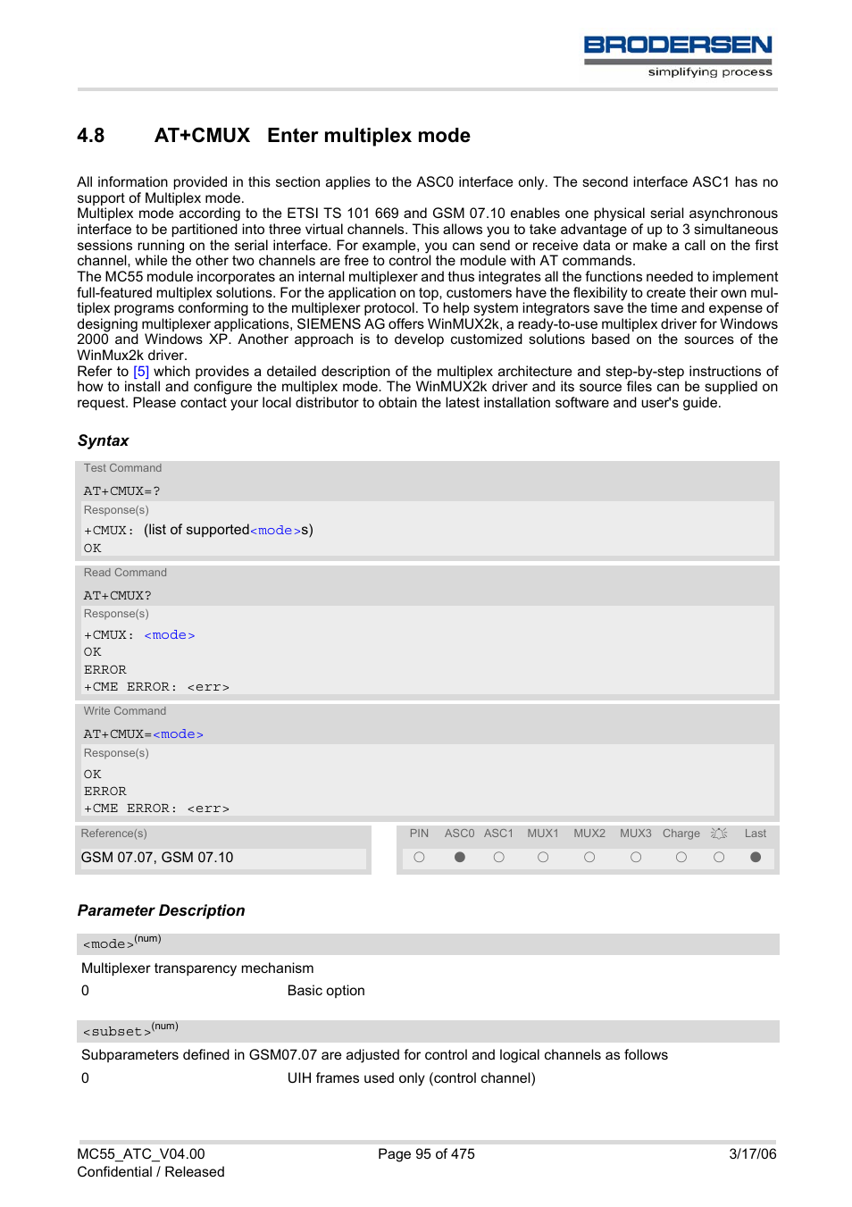 8 at+cmux enter multiplex mode, At+cmux enter multiplex mode, At+cmux | Siemens Brodersen MC55 AT User Manual | Page 95 / 475