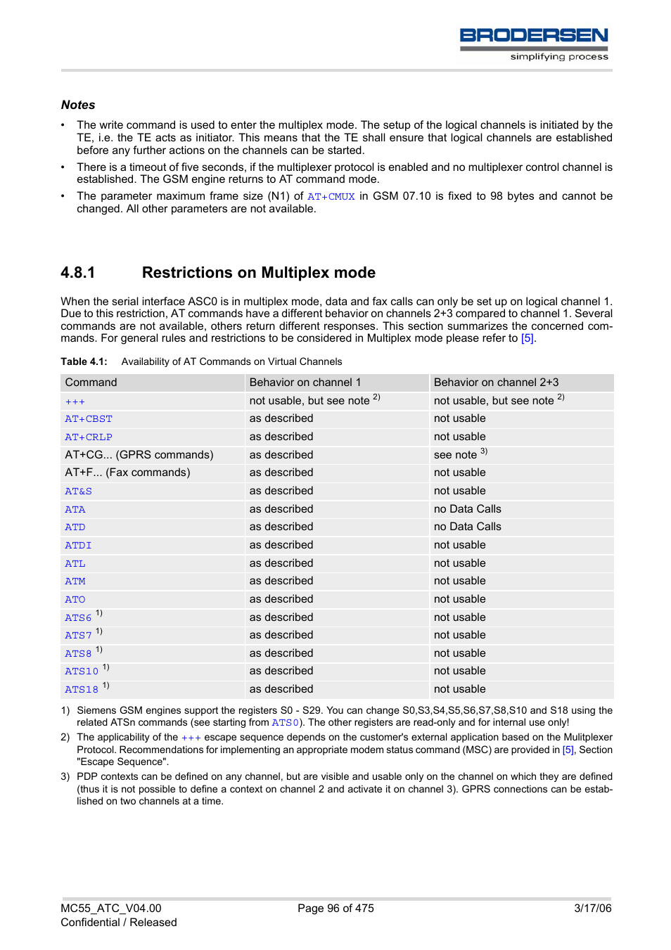 1 restrictions on multiplex mode, Restrictions on multiplex mode, Table 4.1 | Availability of at commands on virtual channels | Siemens Brodersen MC55 AT User Manual | Page 96 / 475