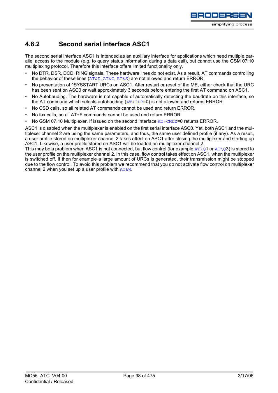 2 second serial interface asc1, Second serial interface asc1 | Siemens Brodersen MC55 AT User Manual | Page 98 / 475