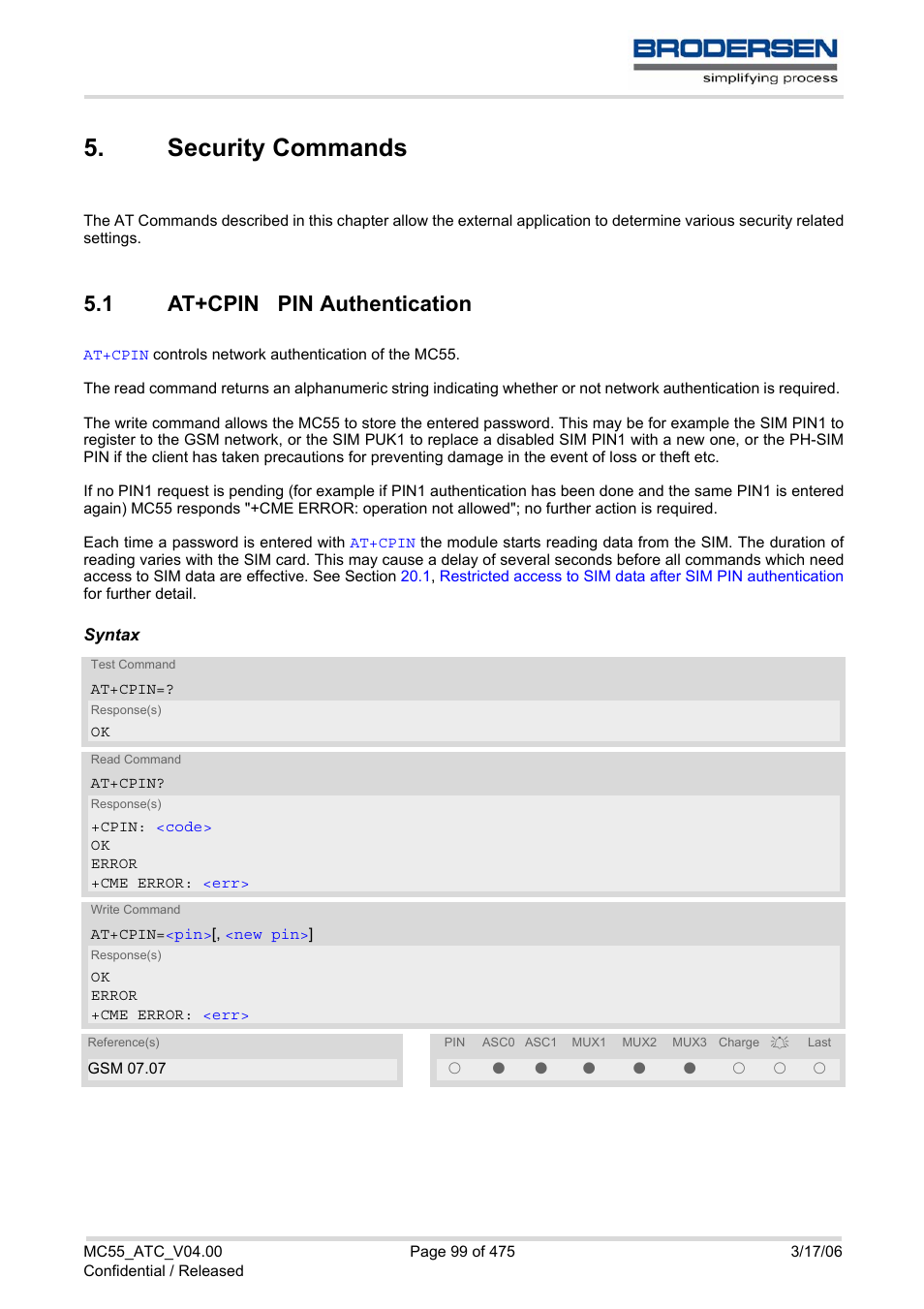 Security commands, 1 at+cpin pin authentication, Security commands 5.1 | At+cpin pin authentication, At+cpin | Siemens Brodersen MC55 AT User Manual | Page 99 / 475