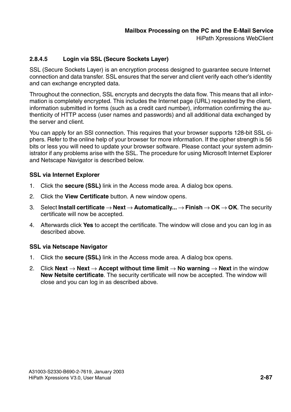5 login via ssl (secure sockets layer), 5 login via ssl (secure sockets layer) -87 | Siemens HiPath Xpressions Unified Messaging User Manual | Page 103 / 278