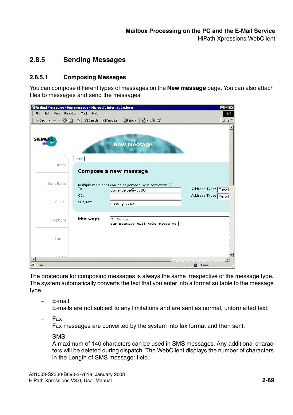 5 sending messages, 1 composing messages, 5 sending messages -89 | 1 composing messages -89 | Siemens HiPath Xpressions Unified Messaging User Manual | Page 105 / 278