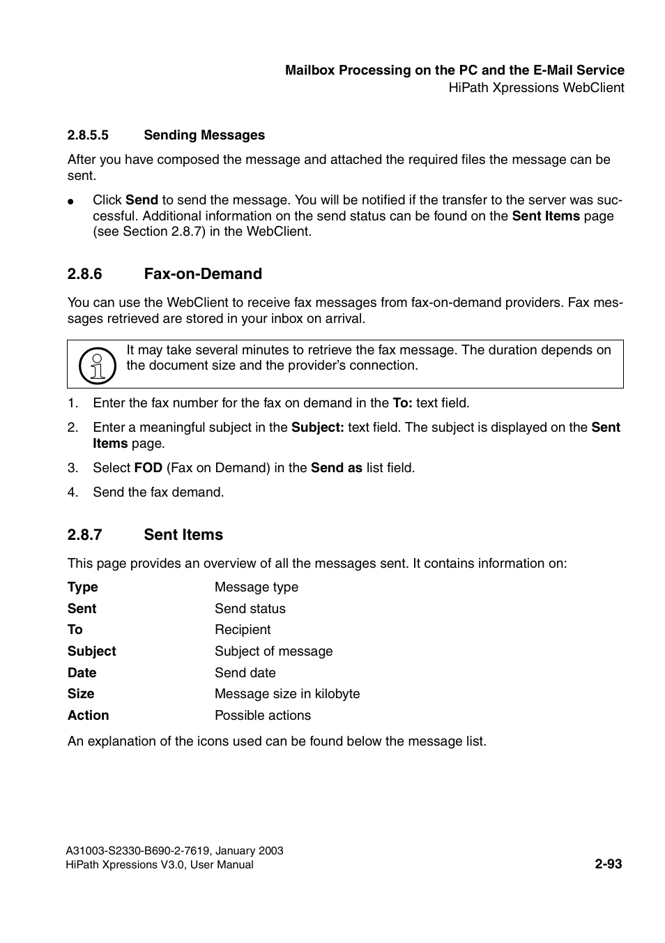 5 sending messages, 6 fax-on-demand, 7 sent items | 5 sending messages -93, 6 fax-on-demand -93 2.8.7 sent items -93 | Siemens HiPath Xpressions Unified Messaging User Manual | Page 109 / 278