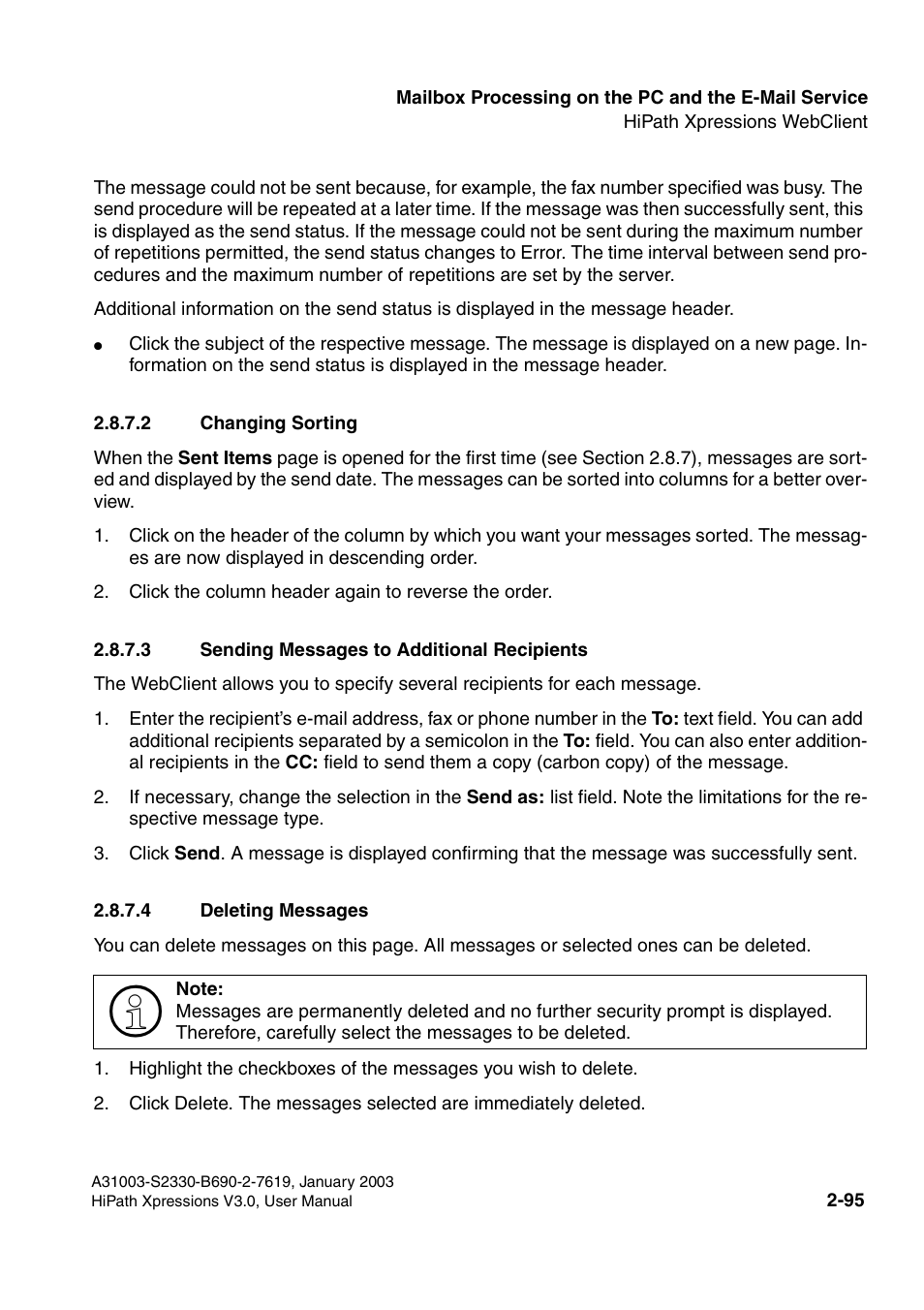 2 changing sorting, 3 sending messages to additional recipients, 4 deleting messages | Siemens HiPath Xpressions Unified Messaging User Manual | Page 111 / 278