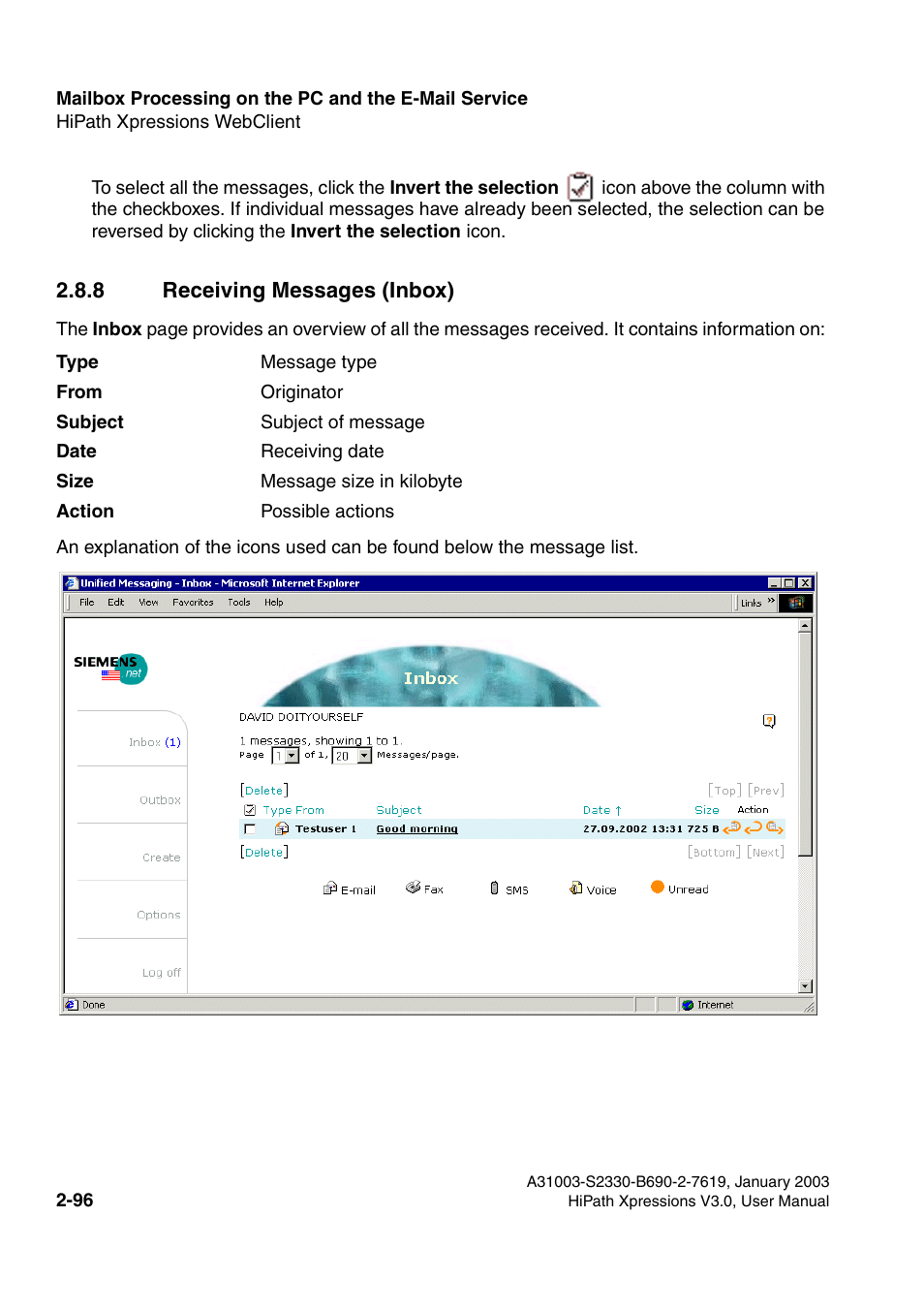 8 receiving messages (inbox), 8 receiving messages (inbox) -96 | Siemens HiPath Xpressions Unified Messaging User Manual | Page 112 / 278