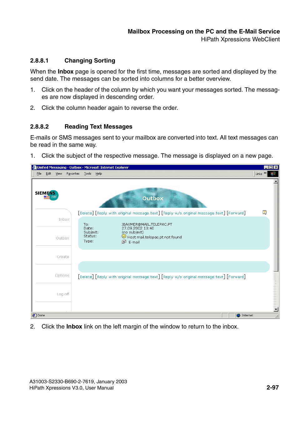 1 changing sorting, 2 reading text messages | Siemens HiPath Xpressions Unified Messaging User Manual | Page 113 / 278