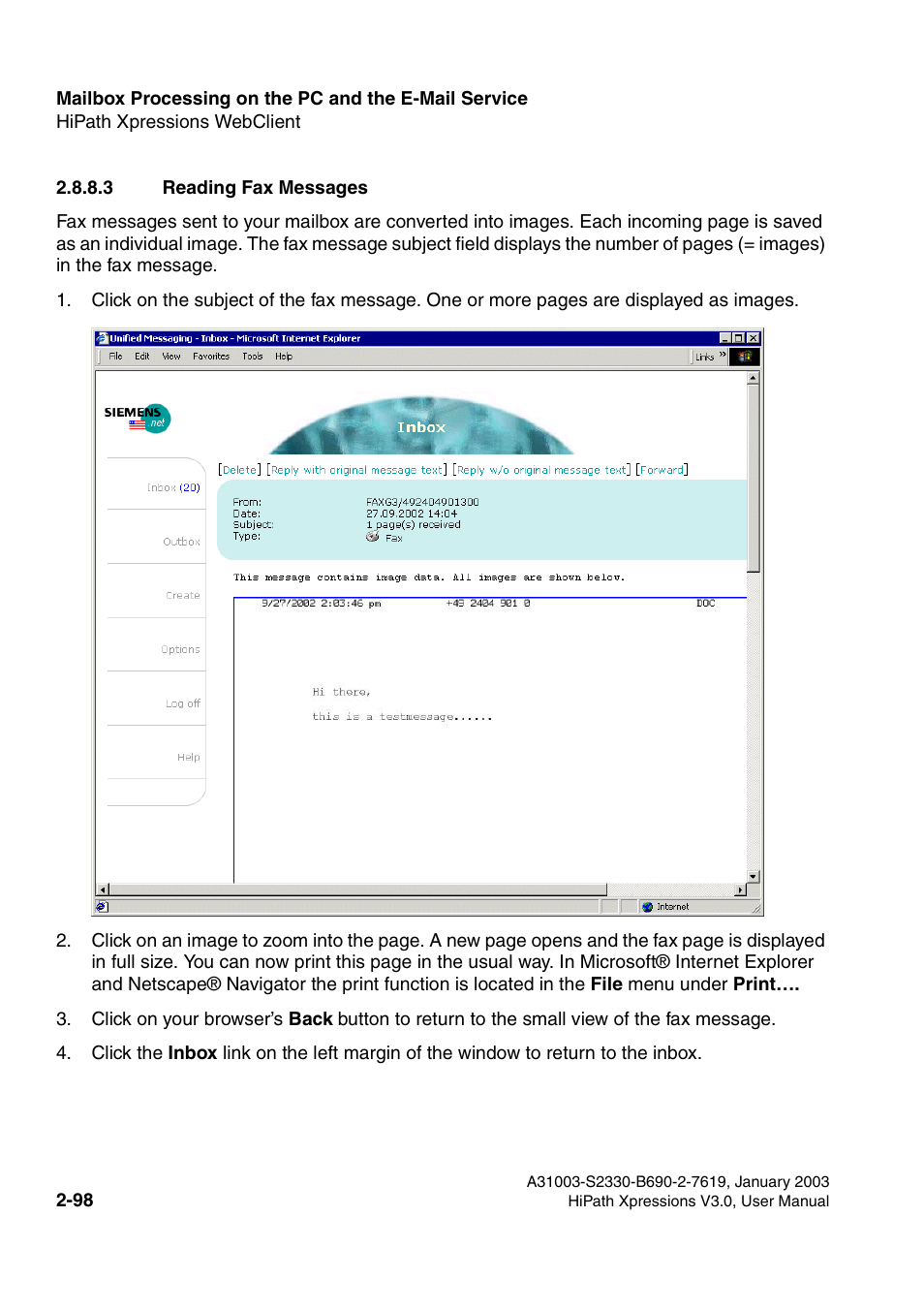 3 reading fax messages, 3 reading fax messages -98 | Siemens HiPath Xpressions Unified Messaging User Manual | Page 114 / 278