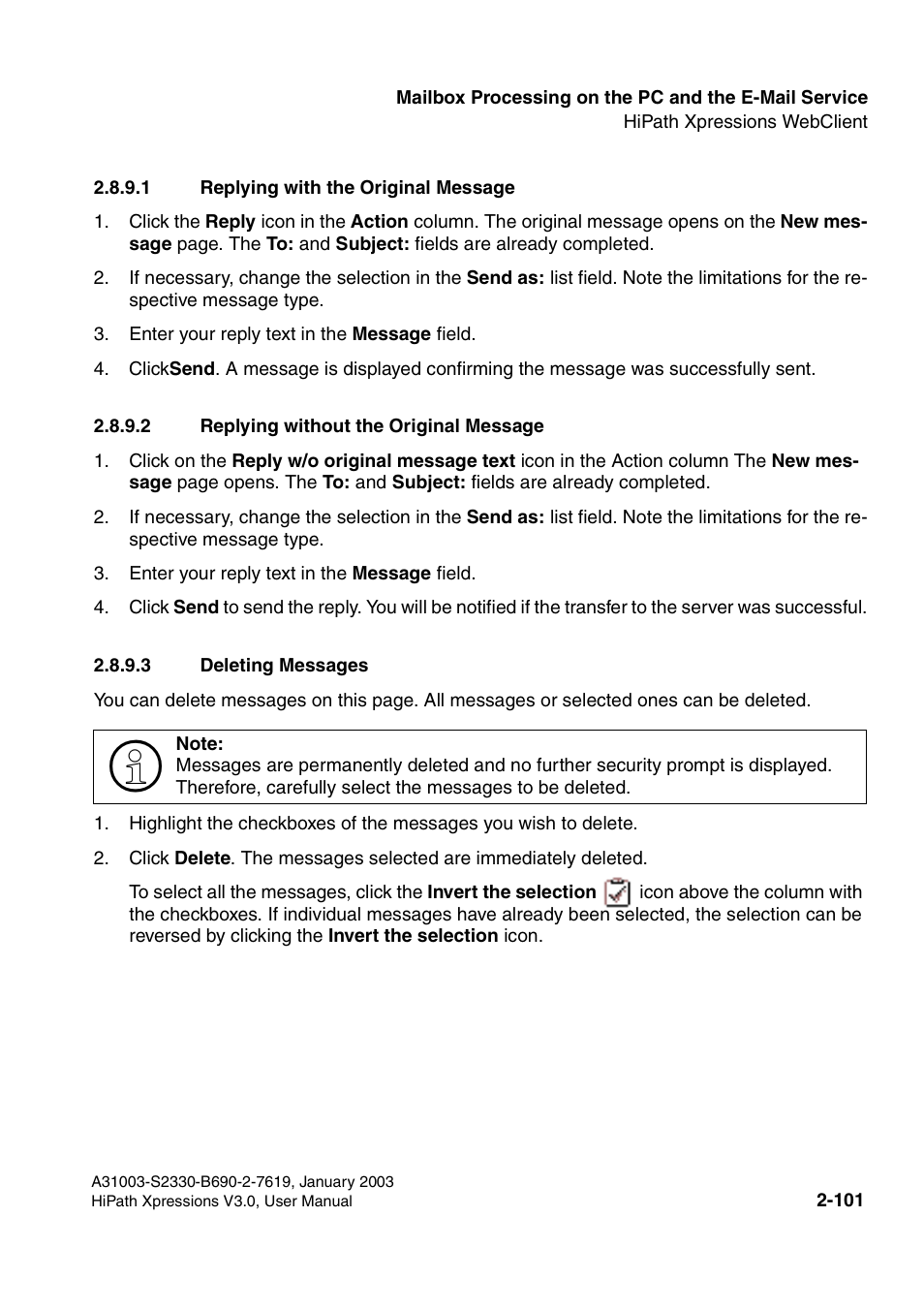 1 replying with the original message, 2 replying without the original message, 3 deleting messages | Siemens HiPath Xpressions Unified Messaging User Manual | Page 117 / 278