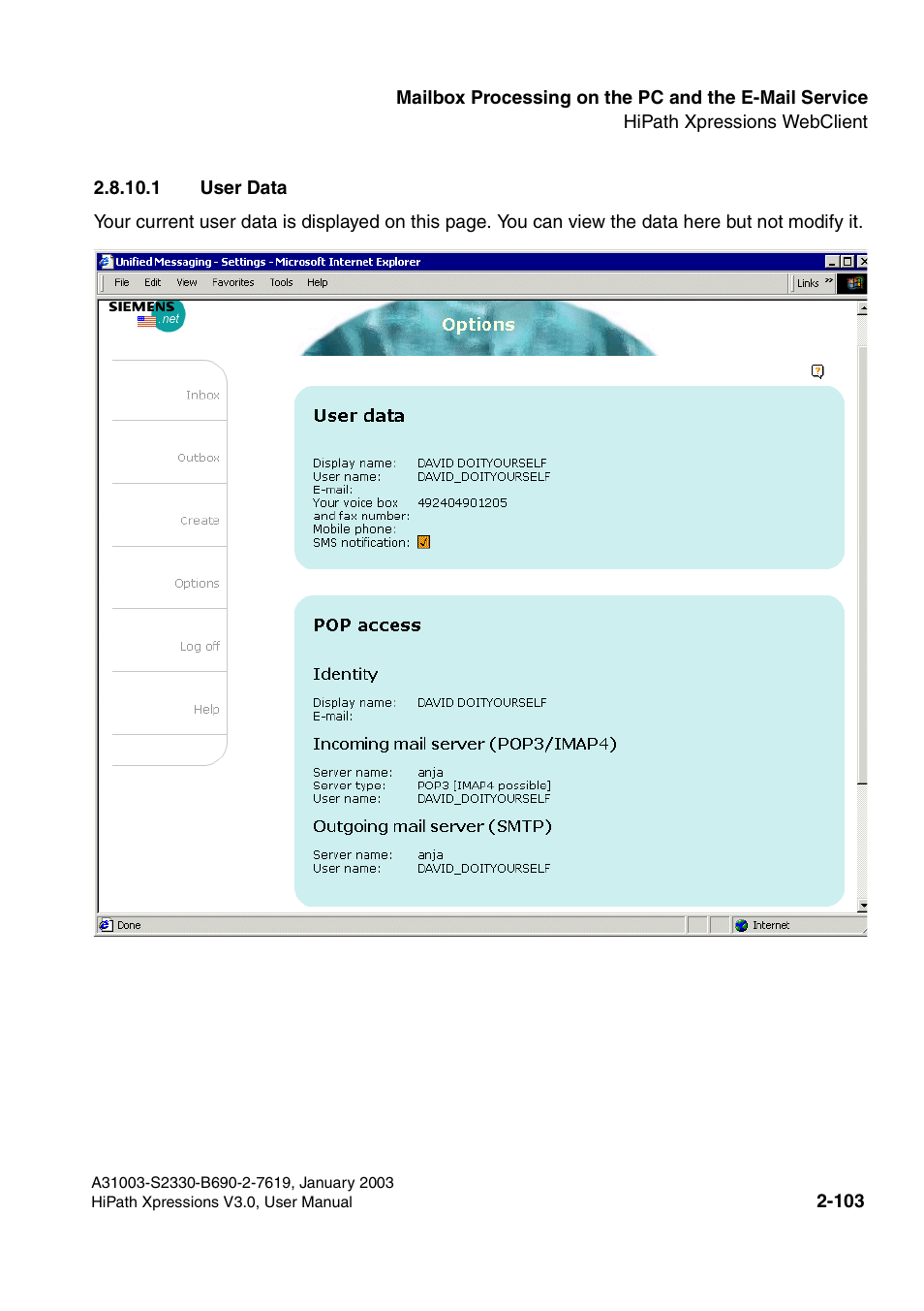 1 user data, 1 user data -103 | Siemens HiPath Xpressions Unified Messaging User Manual | Page 119 / 278