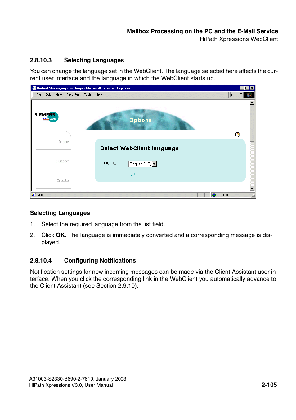 3 selecting languages, 4 configuring notifications | Siemens HiPath Xpressions Unified Messaging User Manual | Page 121 / 278