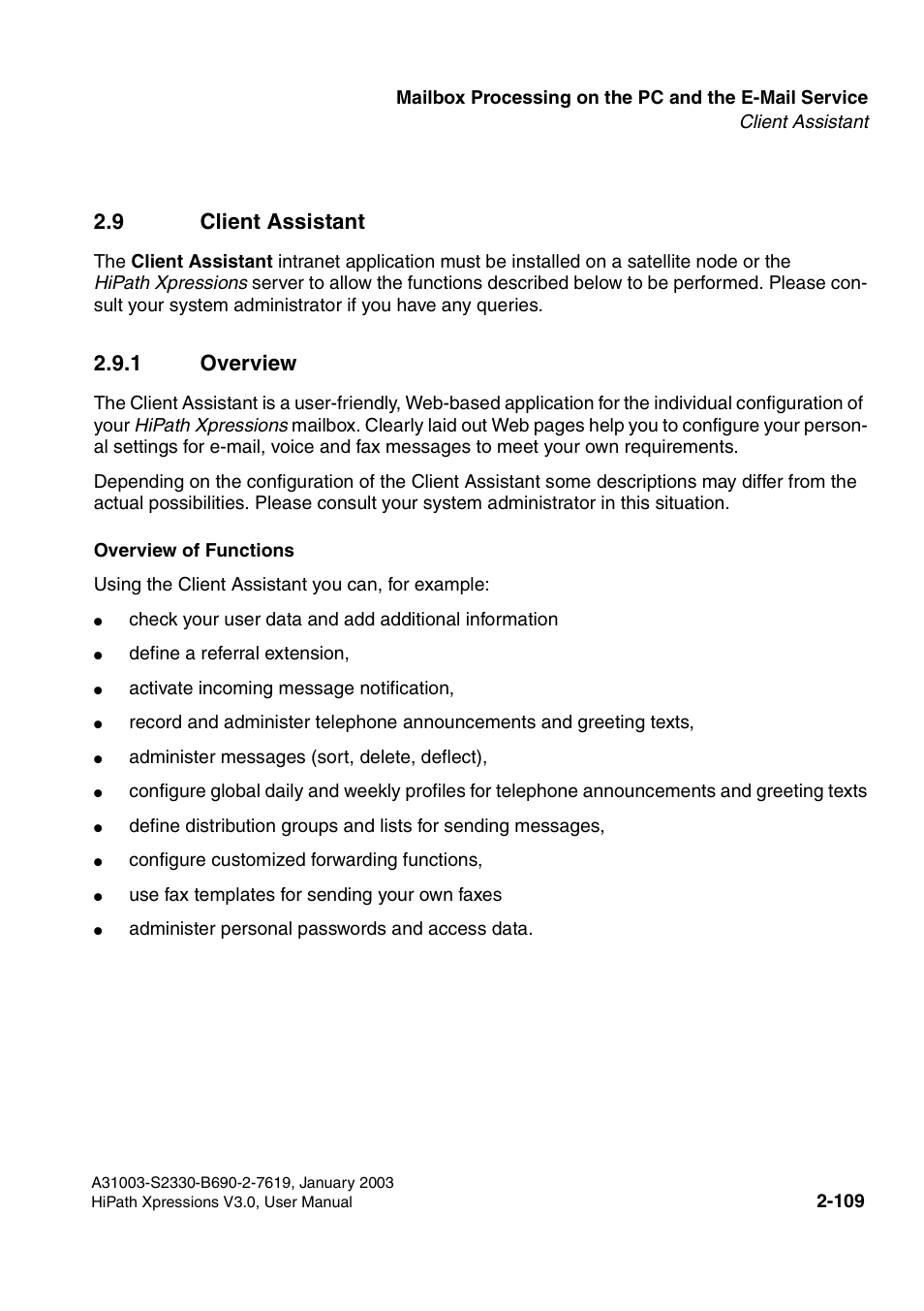 9 client assistant, 1 overview, 9 client assistant -109 | 1 overview -109, Section 2.9 | Siemens HiPath Xpressions Unified Messaging User Manual | Page 125 / 278