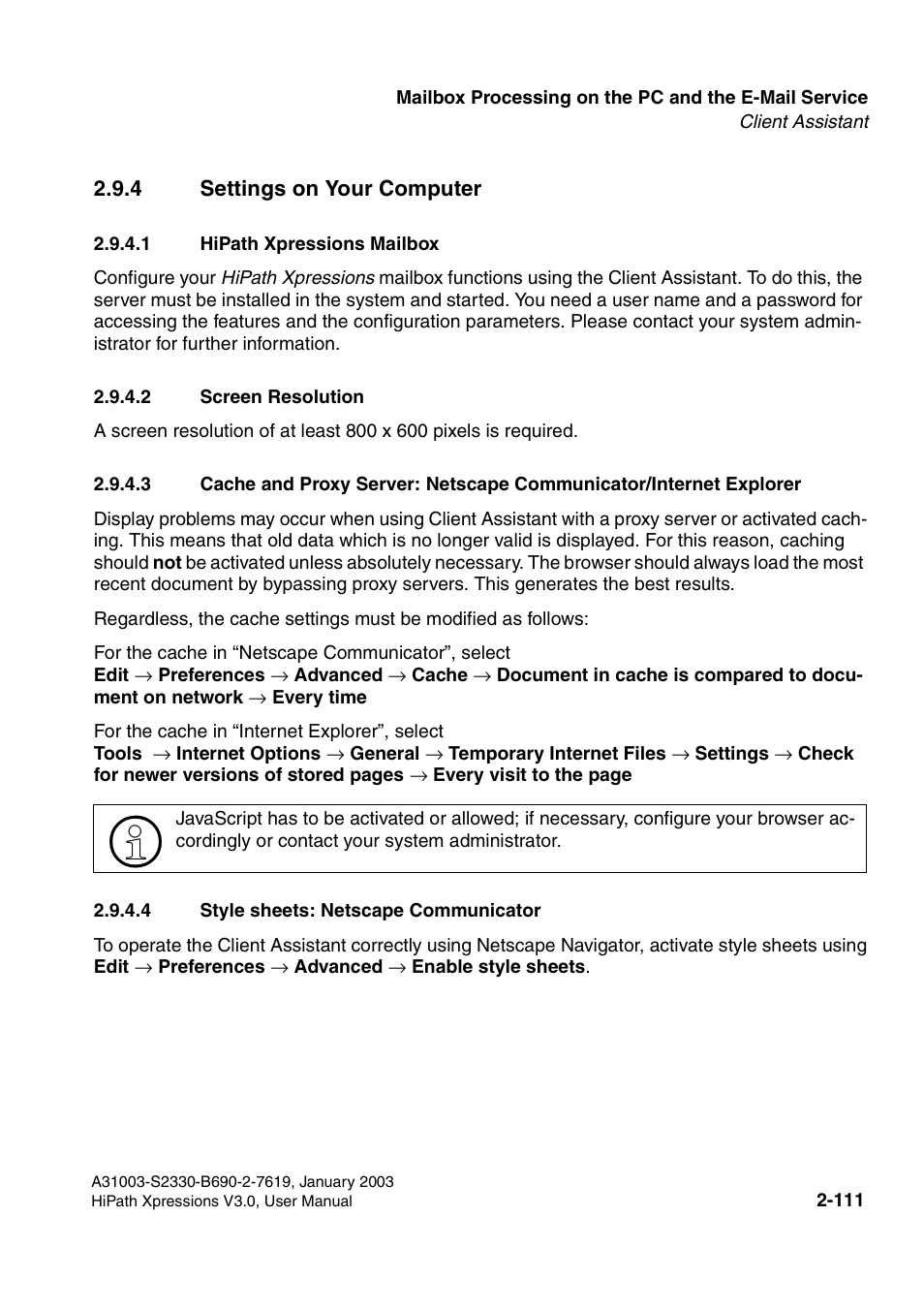 4 settings on your computer, 1 hipath xpressions mailbox, 2 screen resolution | 4 style sheets: netscape communicator, 4 settings on your computer -111 | Siemens HiPath Xpressions Unified Messaging User Manual | Page 127 / 278