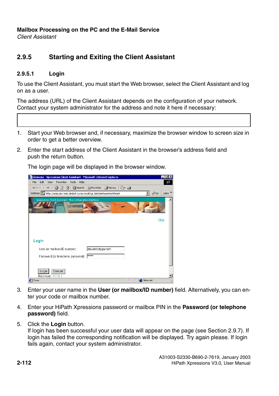 5 starting and exiting the client assistant, 1 login, 5 starting and exiting the client assistant -112 | 1 login -112 | Siemens HiPath Xpressions Unified Messaging User Manual | Page 128 / 278