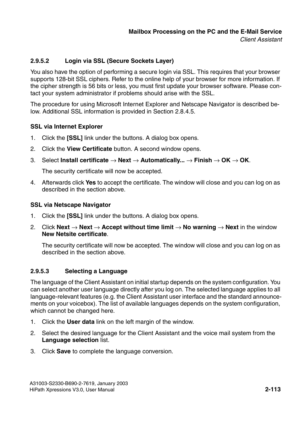 2 login via ssl (secure sockets layer), 3 selecting a language | Siemens HiPath Xpressions Unified Messaging User Manual | Page 129 / 278