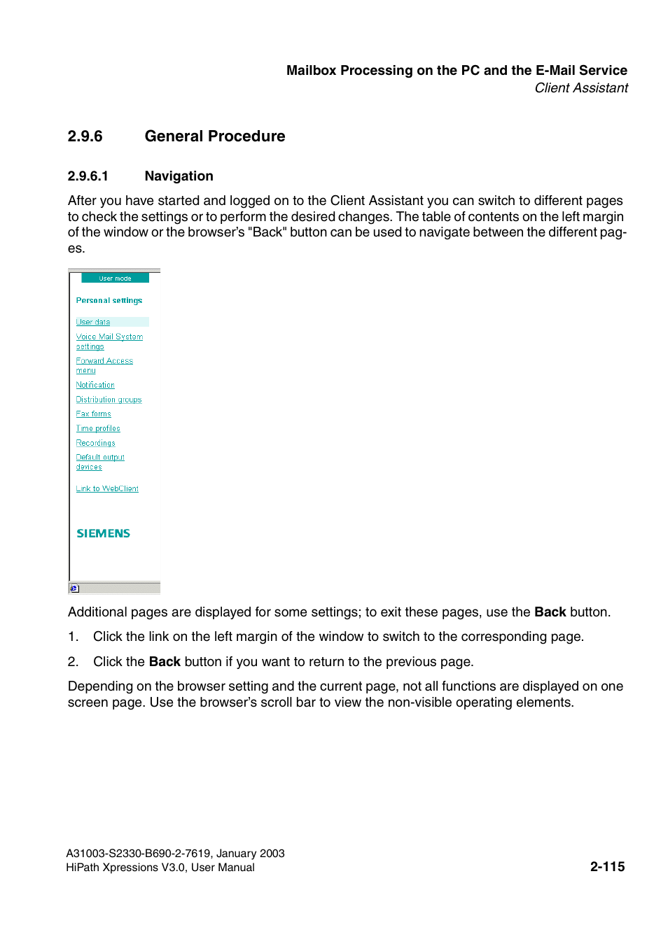 6 general procedure, 1 navigation, 6 general procedure -115 | 1 navigation -115 | Siemens HiPath Xpressions Unified Messaging User Manual | Page 131 / 278