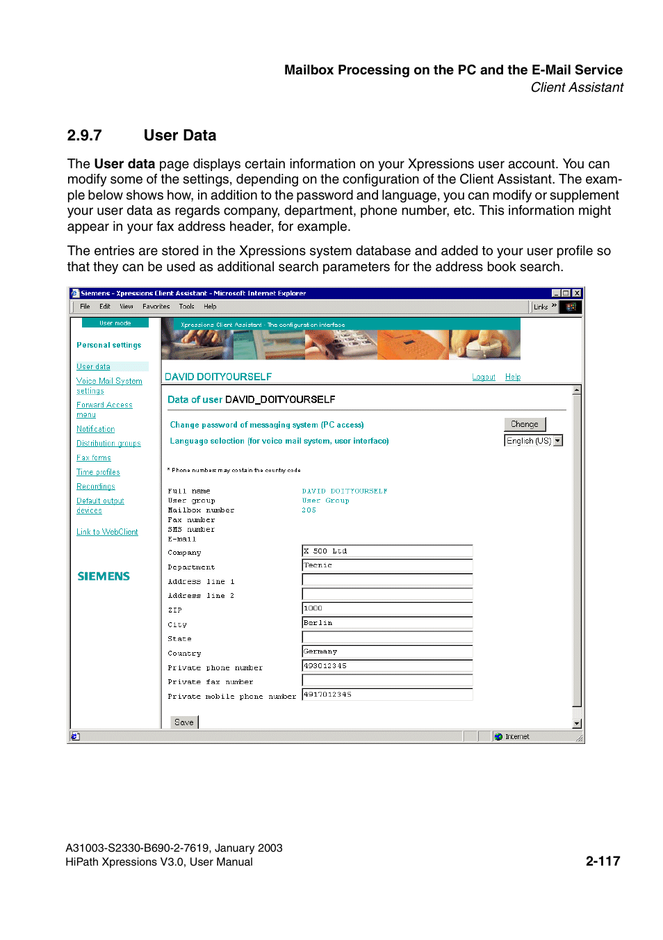 7 user data, 7 user data -117 | Siemens HiPath Xpressions Unified Messaging User Manual | Page 133 / 278