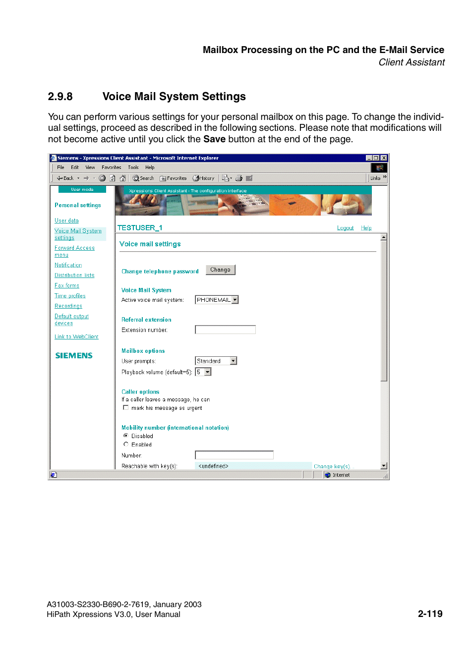 8 voice mail system settings, 8 voice mail system settings -119 | Siemens HiPath Xpressions Unified Messaging User Manual | Page 135 / 278