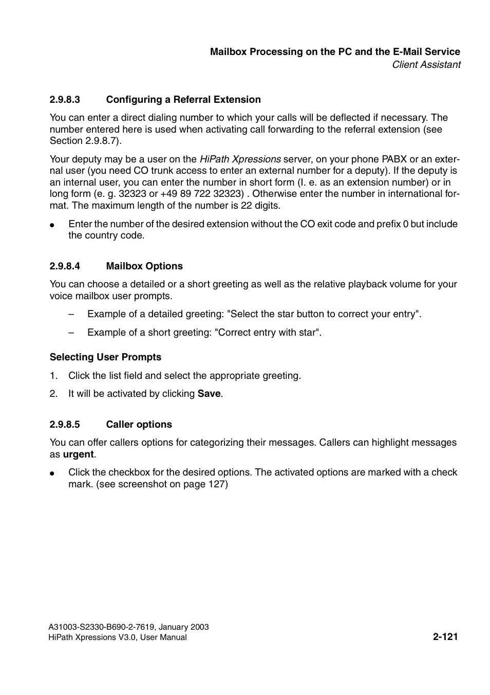 3 configuring a referral extension, 4 mailbox options, 5 caller options | Siemens HiPath Xpressions Unified Messaging User Manual | Page 137 / 278