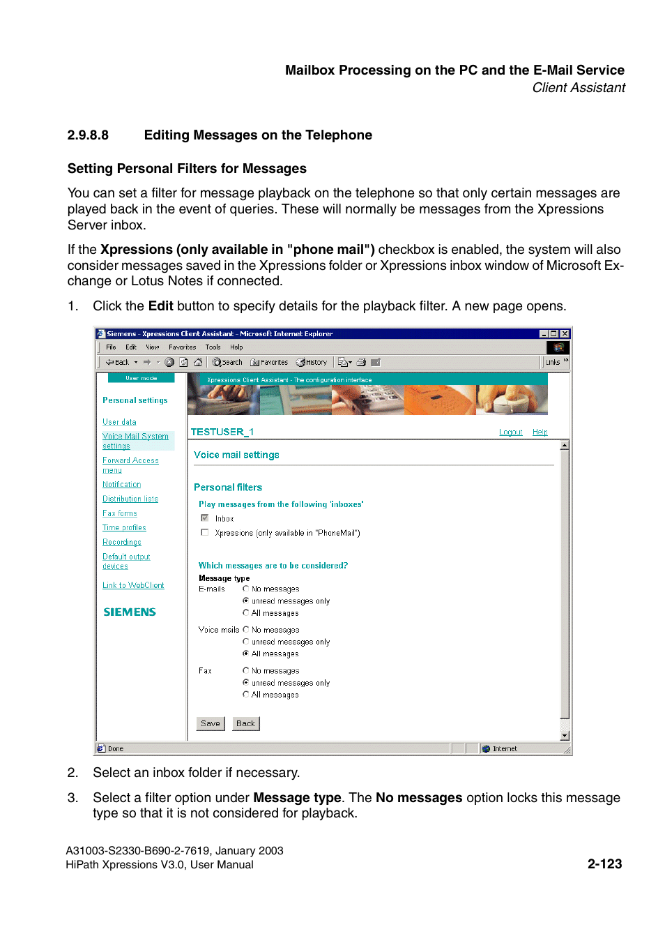 8 editing messages on the telephone, 8 editing messages on the telephone -123 | Siemens HiPath Xpressions Unified Messaging User Manual | Page 139 / 278