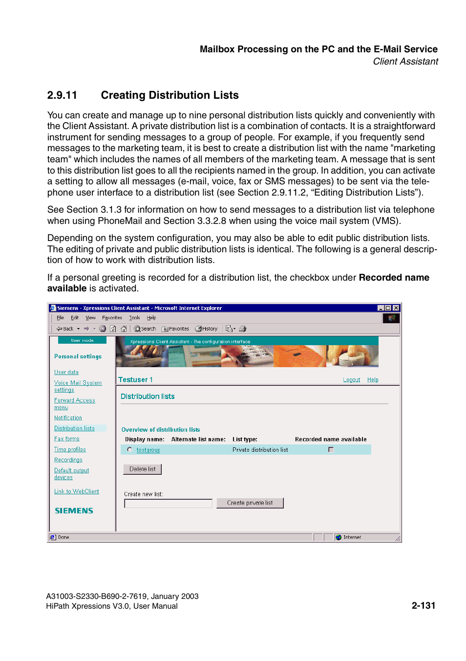 11 creating distribution lists, 11 creating distribution lists -131 | Siemens HiPath Xpressions Unified Messaging User Manual | Page 147 / 278