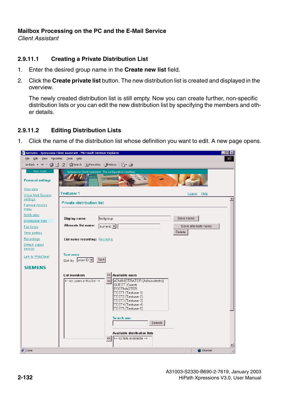 1 creating a private distribution list, 2 editing distribution lists | Siemens HiPath Xpressions Unified Messaging User Manual | Page 148 / 278